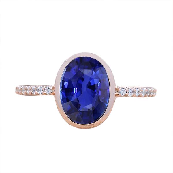 67192 3.50 CT Blue Sapphire Bezel Set Solitaire Ring with Diamonds Gold, Size 6.5