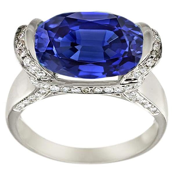 67200 4.50 CT Round Diamond & Oval Cut Blue Bar Setting Sapphire Ring, Size 6.5