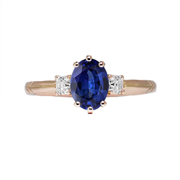 67201 2.50 CT Three Stone Oval Blue Sapphire Ring & Diamonds, Size 6.5