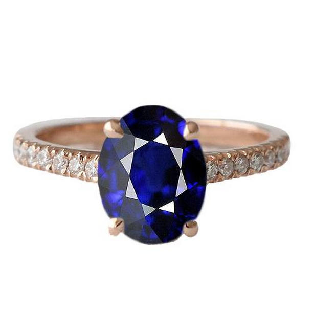 3.50 CT Gemstone Oval Blue Sapphire & Pave Set Diamonds Ring, Size 6.5