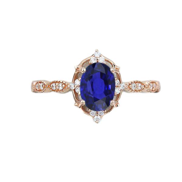 67205 3 CT Rose Gold Diamond Halo Vintage Style Blue Sapphire Ring, Size 6.5
