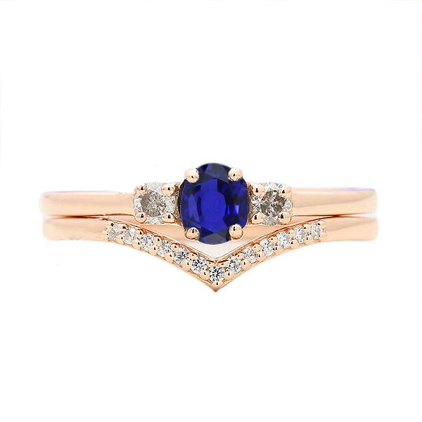 67211 2 CT 3 Stone Blue Sapphire Wedding Ring Set with Diamond Band, Size 6.5