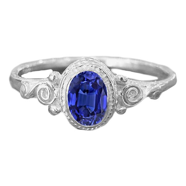 67214 2 CT Gold Solitaire Oval Blue Antique Style Sapphire Ring, Size 6.5