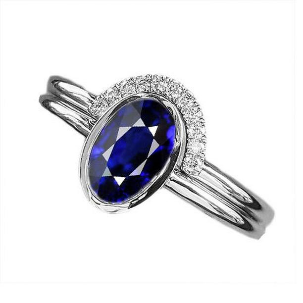 67217 3 CT Diamond Band & Oval Blue Sapphire Wedding Ring Set, White Gold - Size 6.5