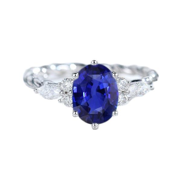 67218 4 CT Gemstone Blue Sapphire Ring with Marquise & Round Diamonds, Size 6.5