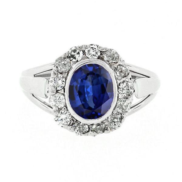 67221 4.50 CT Halo Diamond Wedding Ring Oval Ceylon Sapphire Bezel Set, Size 6.5
