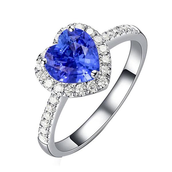 3.50 CT Diamond Halo Heart Shaped Natural Blue Sapphire Ring, Size 6.5