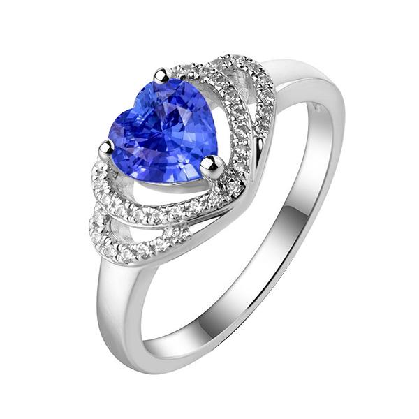 3 CT Double Halo Heart Sri Lankan Sapphire Ring, 14K White Gold - Size 6.5