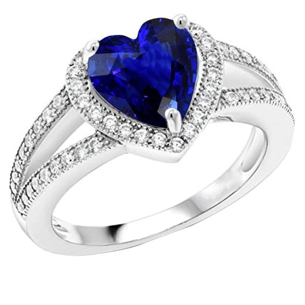 67227 4 CT Diamond Halo Heart Shaped Blue Split Shank Sapphire Ring, Size 6.5