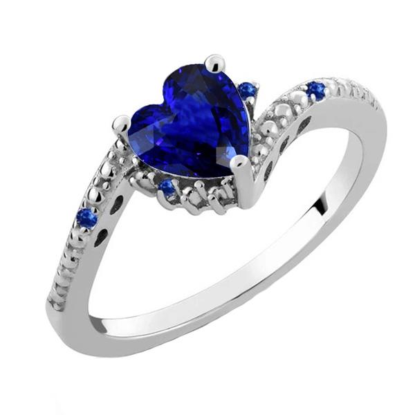 2 CT Gemstone Engagement Heart & Round Blue Sapphire Ring, Size 6.5