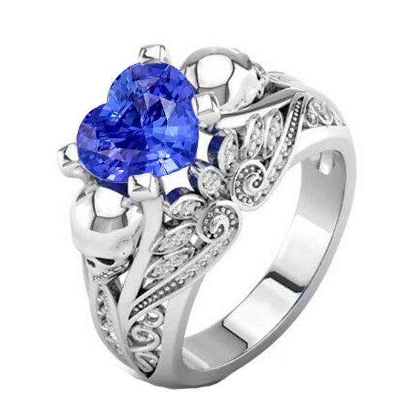 67236 2 CT Gemstone Heart Blue Antique Style Diamonds Sapphire Ring, Size 6.5