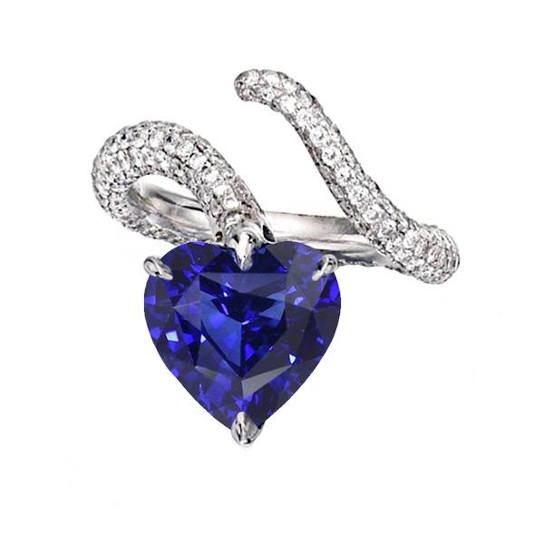 5 CT Diamond Heart Blue Twisted Style Sapphire Ring, Size 6.5