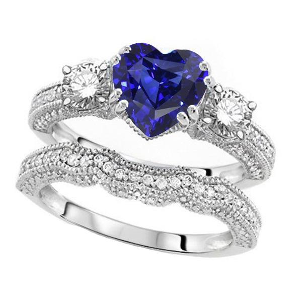 67242 3.50 CT Diamond Set Heart Blue Sapphire Antique Style Wedding Ring, Size 6.5