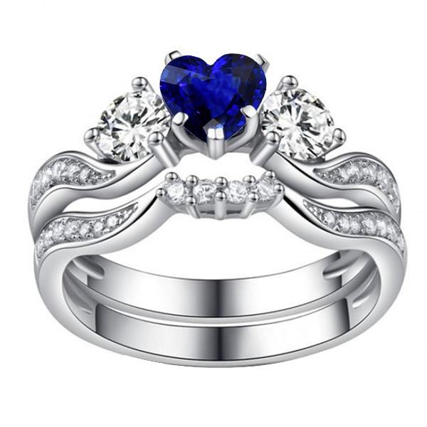 67245 3 CT Blue Sapphire Engagement Ring Set with Gold Diamond Band, 14K Gold - Size 6.5