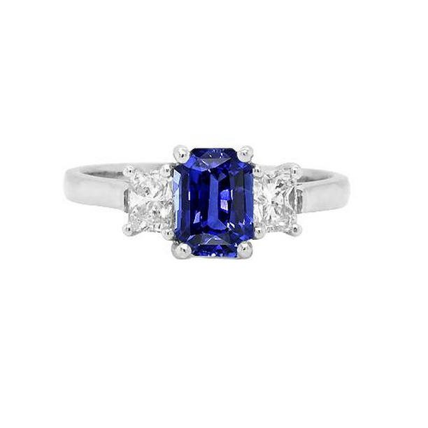 67694 2.50 CT Three Stone Radiant Blue Sapphire & Diamonds Ring, Size 6.5