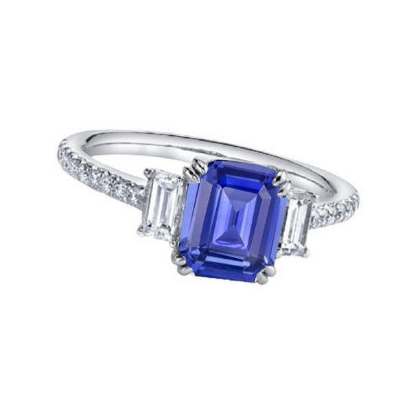 67700 3 CT Emerald Three Stone Blue Sapphire Ring & Pave Set Diamonds, Size 6.5