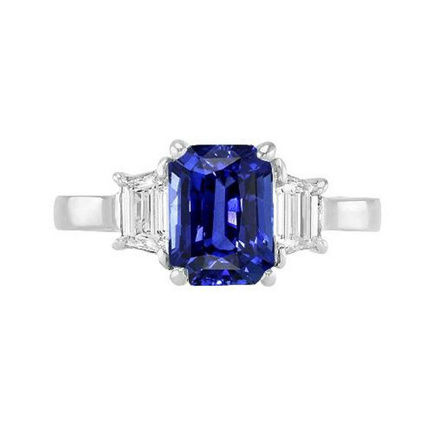 67701 2.50 CT Blue Sapphire Radiant & Trapezoid Diamond Gemstone Ring, Size 6.5