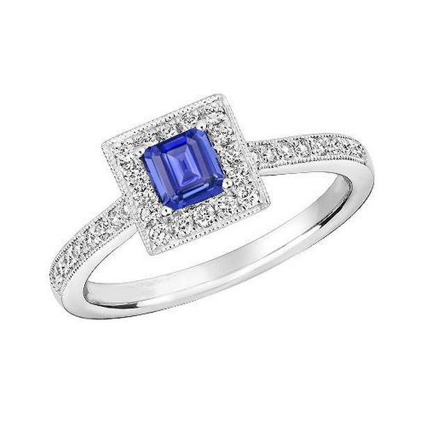 67706 3 CT Diamond Emerald Blue Sapphire Halo Ring, 14K White Gold - Size 6.5