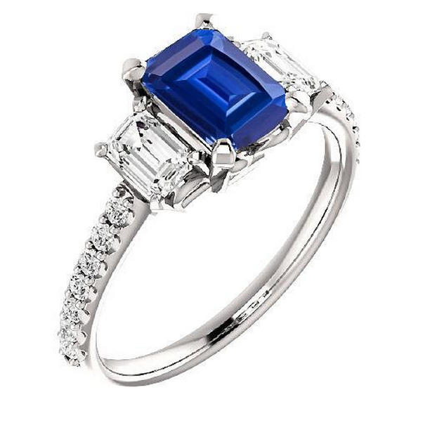 67711 3.50 CT Three Stone Emerald Sapphire Ring with Accented Diamonds, Size 6.5