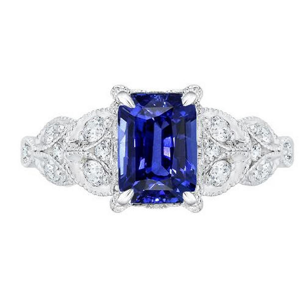 67715 3.50 CT Radiant Ceylon Sapphire Leaf Style Diamonds Gemstone Ring, Size 6.5