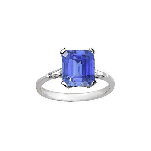 2.25 CT 3 Stone Emerald Sapphire Ring & Tapered Baguette Diamonds, Size 6.5