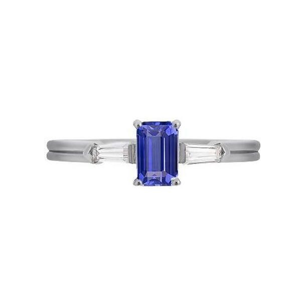 67720 2.25 CT Blue Sapphire 3 Stone Emerald Ring with Baguette Diamonds, Size 6.5