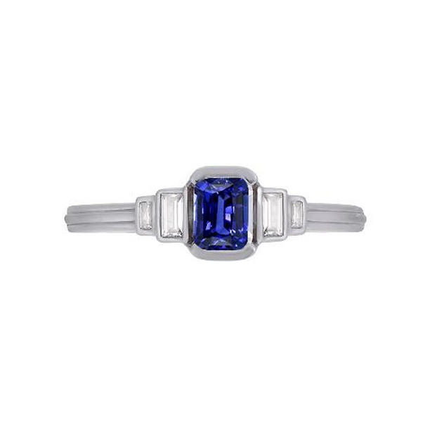 67721 2 CT Gemstone Radiant Blue 5 Stone Baguette Diamonds Sapphire Ring, Size 6.5