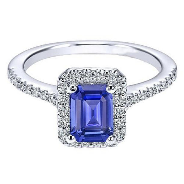 67729 3.50 CT Anniversary Emerald Halo Blue Sapphire & Diamonds Ring, Size 6.5