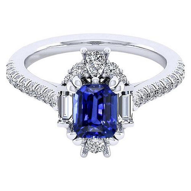 67730 3.50 CT Radiant Sapphire Baguette & Pave Set Diamond Gemstone Ring, Size 6.5