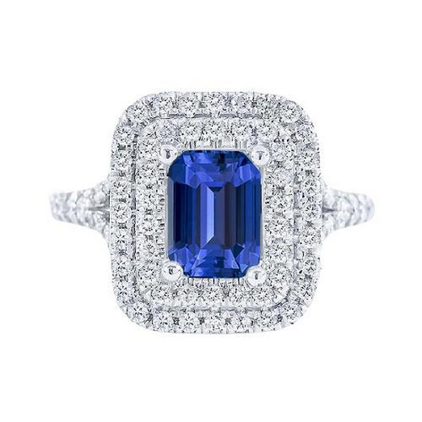 67731 4 CT Double Emerald Shaped Natural Blue Sapphire Halo Ring, Size 6.5