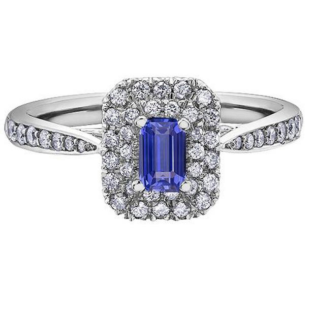 67733 3 CT Emerald Double Halo Blue Tapered Shank Sapphire Ring, Size 6.5