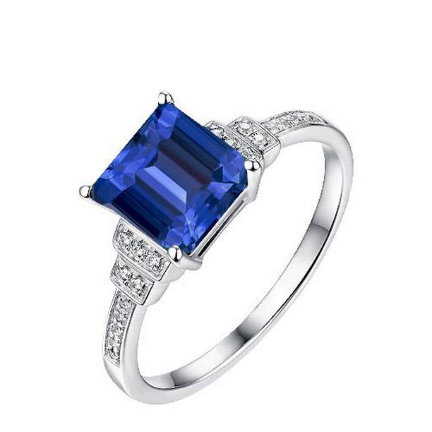67734 Diamond Emerald Blue 3 CT 14K White Gold Sapphire Ring, Size 6.5