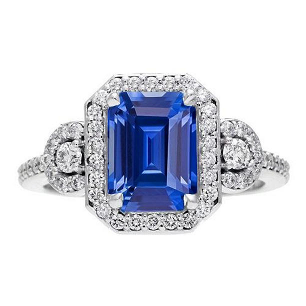 67737 4.50 CT Diamond Halo Srilanka Sapphire Emerald 3 Stone Style Ring, Size 6.5