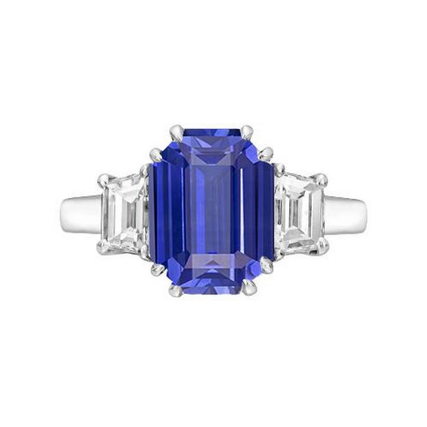 3 CT 3 Stone Emerald & Trapezoid Diamond Ceylon Sapphire Ring, Size 6.5