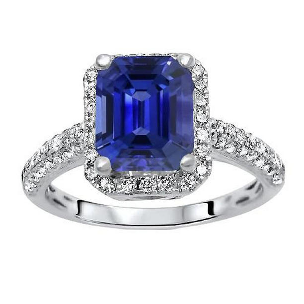 67742 4 CT Diamond Halo Emerald Sri Lankan Sapphire Wedding Ring, Size 6.5