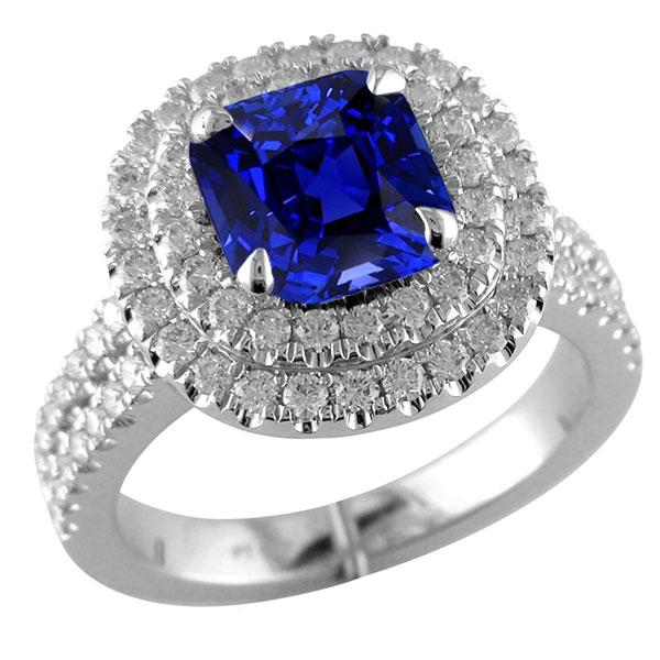 68149 4.50 CT Double Halo Cushion Blue Pave Split Shank Sapphire Ring, Size 6.5