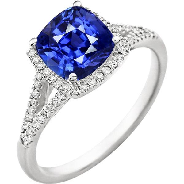 68150 Cushion Sri Lankan Sapphire 4 CT Split Shank Halo Ring, Size 6.5