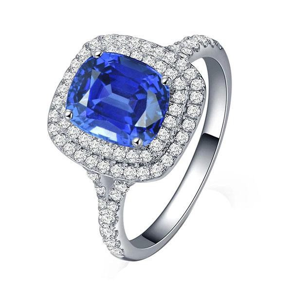 68154 Double Oval Ceylon Sapphire 4 CT Diamond Split Shank Halo Ring, Size 6.5