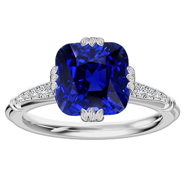 68155 Gemstone Cushion 3.50 CT Triple Prong Diamonds Sapphire Ring, Size 6.5