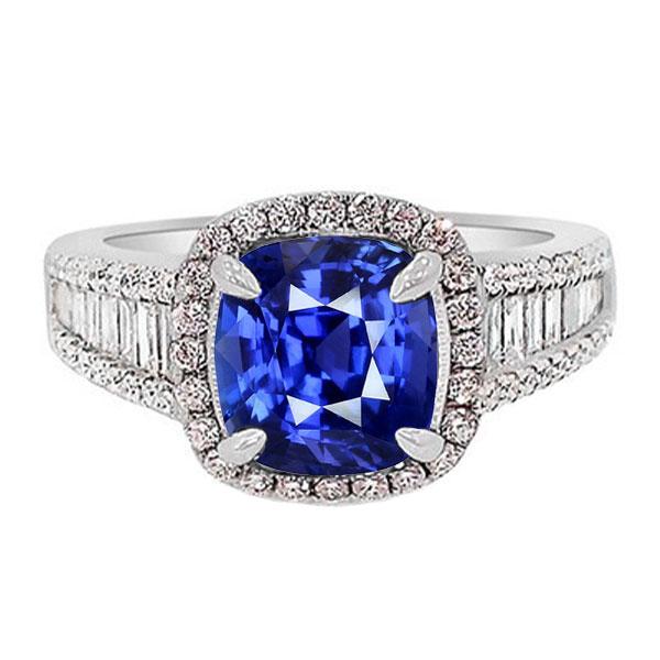 4.5 CT Blue Sapphire Halo Ring with Baguette & Round Diamonds, Size 6.5