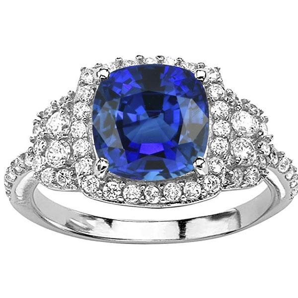 68162 5 CT Cushion Halo Blue 14K White Gold Diamonds Sapphire Ring, Size 6.5