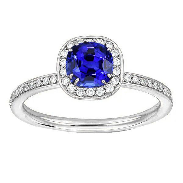 68163 3 CT Diamond Halo Cushion Blue Sapphire Ring, 14K White Gold - Size 6.5