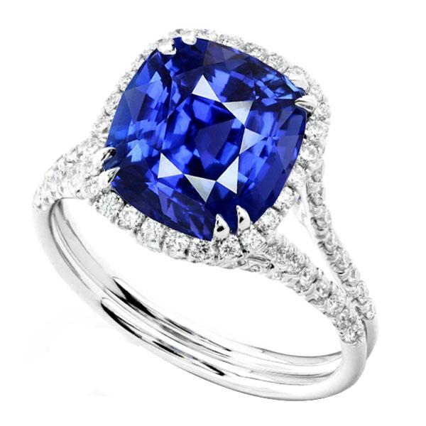 68164 6 CT Halo Set Cushion Sapphire Split Shank Wedding Ring, Size 6.5