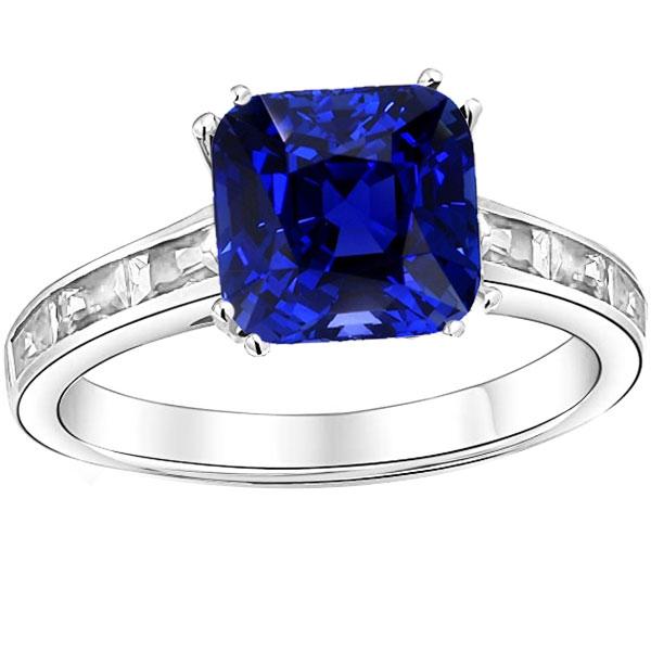 68165 4 CT Baguette Diamond Cushion Blue Sapphire Ring, 14K Gold - Size 6.5