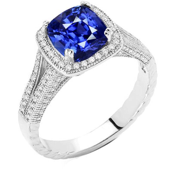 68166 Halo Cushion 3.50 CT Milgrain Split Shank Diamonds Sapphire Ring, Size 6.5
