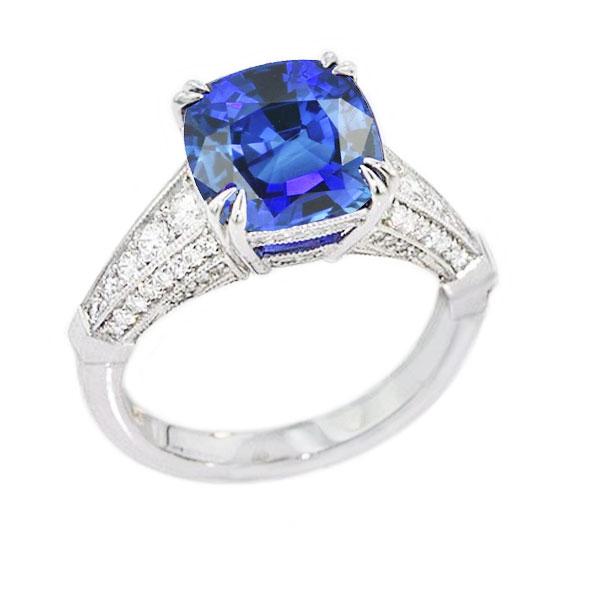 3.50 CT Round Diamond Cushion Ceylon Sapphire Ring, Gold - Size 6.5