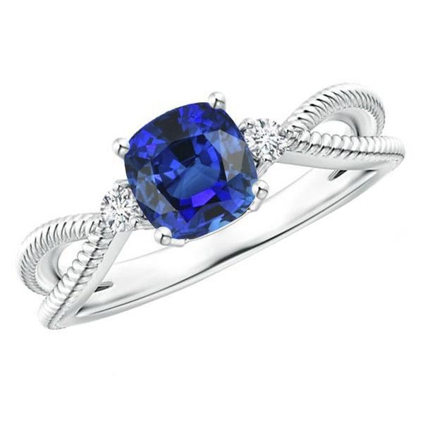 68169 3 Stone Cushion Blue Sapphire Rope Style 2.25 CT Split Shank Ring, Size 6.5