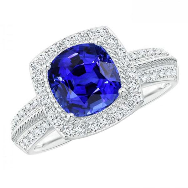 68170 Blue Sapphire Rope Style 5 CT Double Shank Diamonds Halo Ring, Size 6.5