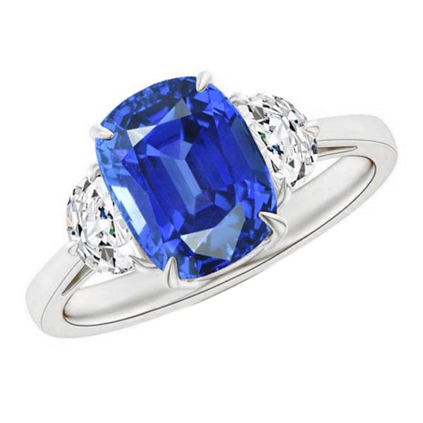 68171 Three Stone Oval Blue 4.50 CT Half Moon Diamonds Sapphire Ring, Size 6.5