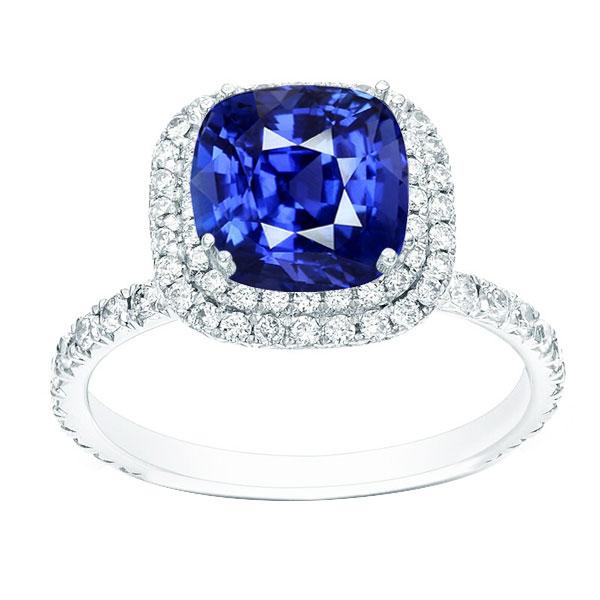 68172 5 CT Blue Sapphire Double Gold 14K Diamond Jewelry Halo Ring, Size 6.5